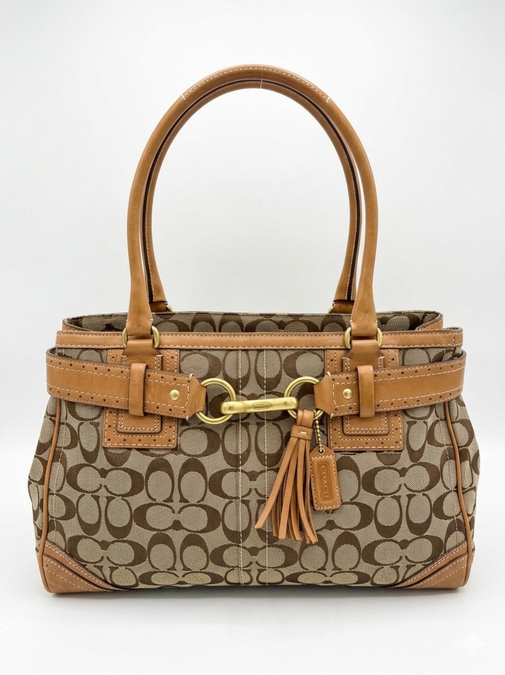 Coach Hampton Brown Signature Canvas Shoulder Bag with Tan Leather Trim
